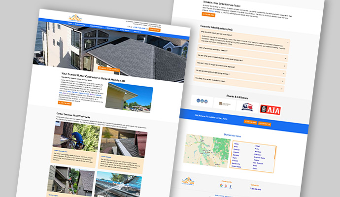 Hunter Rain Gutters website mockup showing services and layout.